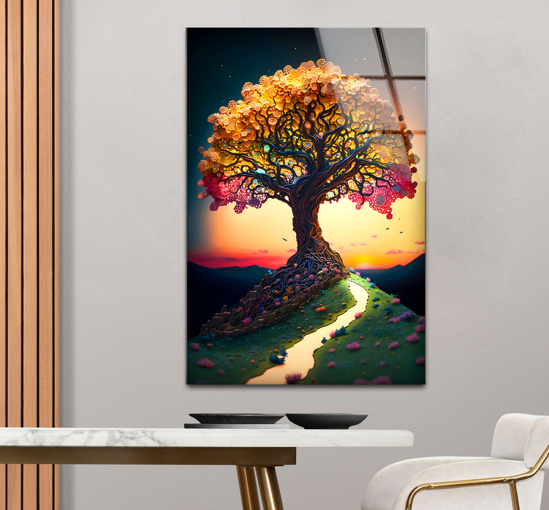 Verträumte Wandkunst mit Lebensbaum – Sonnenuntergangspfad, Fantasy-Glasdruck-Design