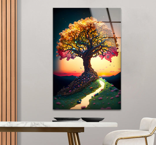 Dreamy Tree of Life Wall Art – Sunset Path Fantasy Glass Print Design - MyPhotoStation