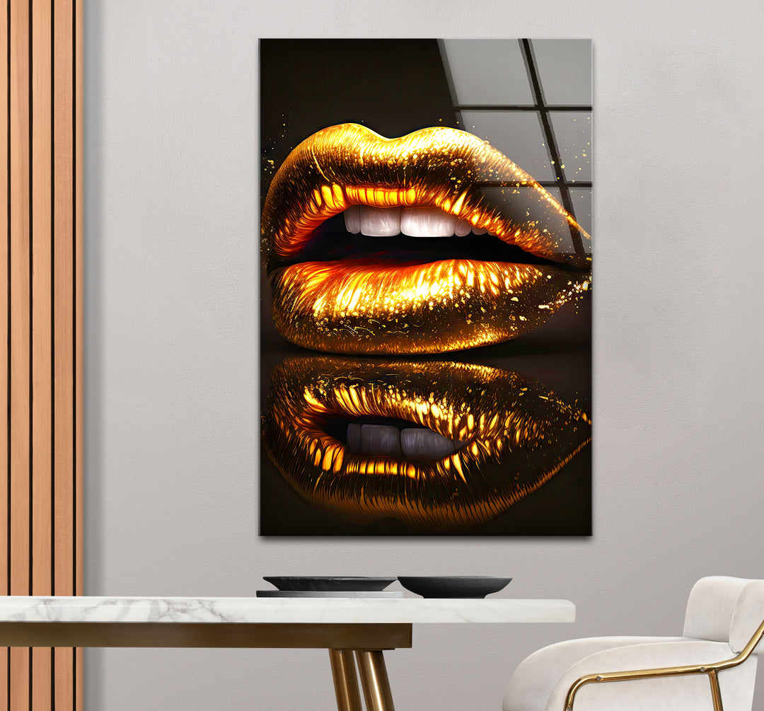 Goldene Lippen Wandkunst – Glamouröses funkelndes Mund-Glasdruck-Design