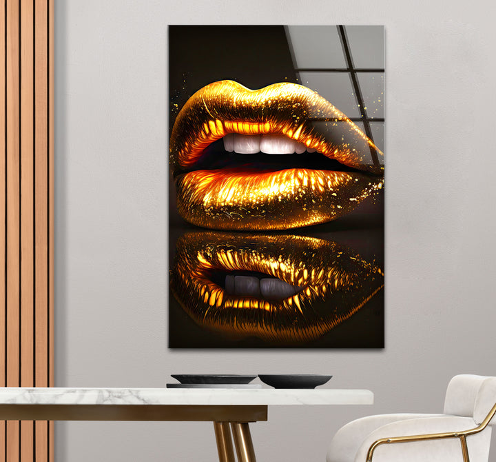 Goldene Lippen Wandkunst – Glamouröses funkelndes Mund-Glasdruck-Design