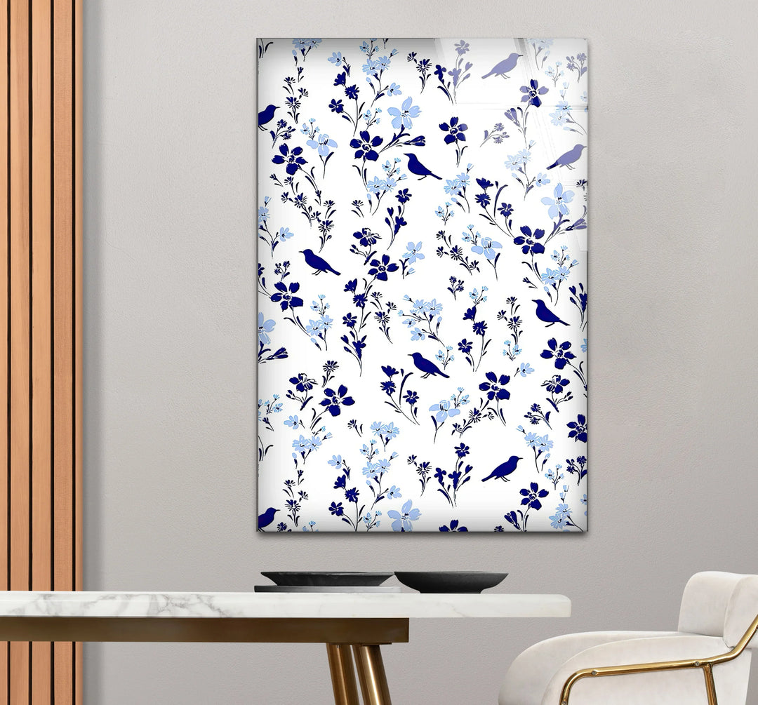 Blue Bird and Wildflower Pattern Wall Art – Elegant Floral Glass Print for Nature Lovers - MyPhotoStation