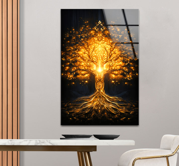 Goldene Fantasiebaum-Wandkunst – Beleuchtetes abstraktes Glasdruckdesign