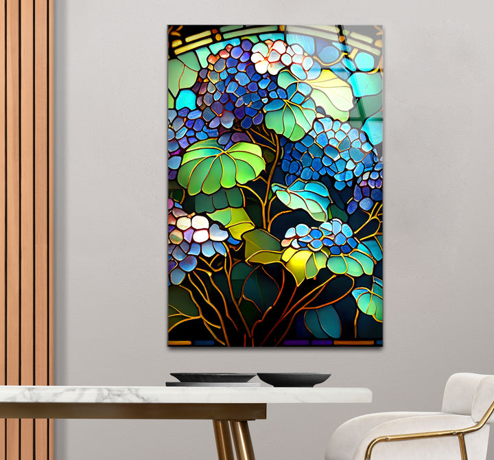 Blaue Hortensie Buntglas-Wandkunst – Vertikaler Blumenglasdruck