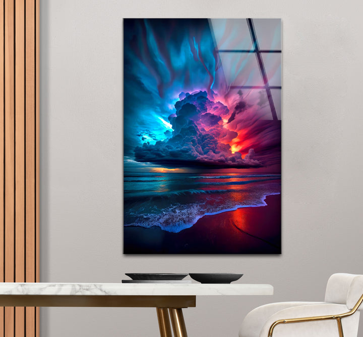 Wandkunst mit stürmischem Strandsonnenuntergang – Lebendiges Himmel- und Ozean-Glasdruckdesign