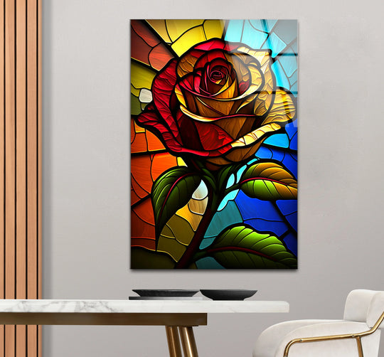 Red Rose Stained Glass Wall Art – Colorful Floral Glass Print Design - MyPhotoStation