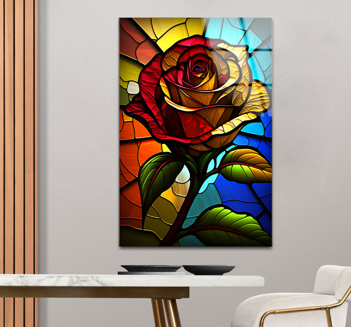 Rote Rose Buntglas-Wandkunst – Farbenfrohes florales Glasdruck-Design