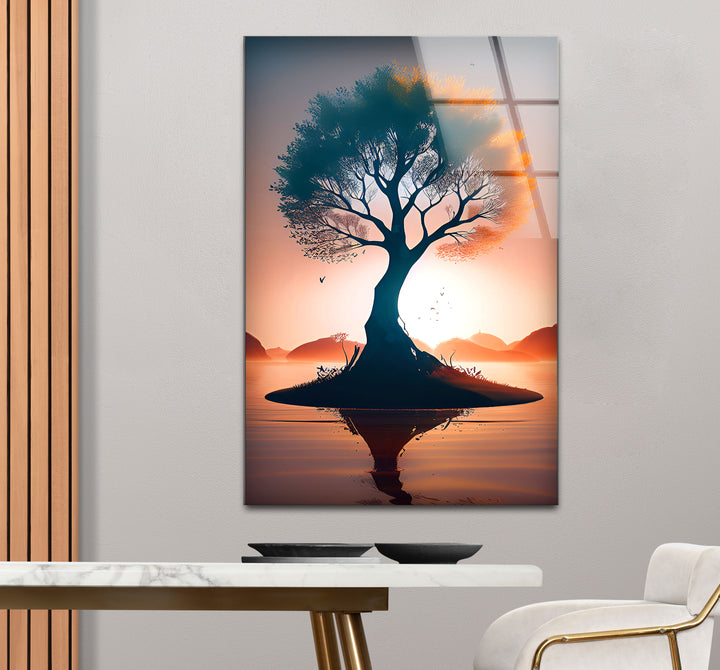 Sonnenuntergang Baum des Lebens Wandkunst – Silhouette Insel Glasdruck Dekor