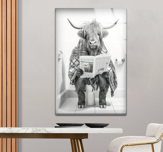 Plaid Highland Cow Bathroom Wall Art – Funny Black and White Glass Print for Rustic Decor - MyPhotoStation
