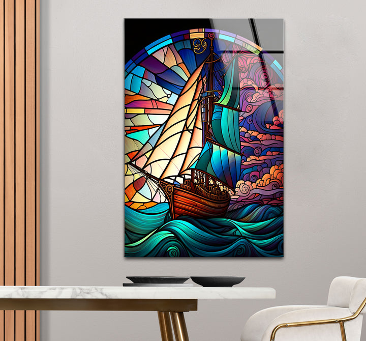 Segelschiff Buntglas Wandkunst – Maritimer Ozeanwellen-Glasdruck