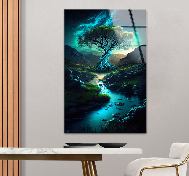 Mystisch leuchtender Baum als Wandkunst – Verzauberter Nachtstrom als Glasdruck