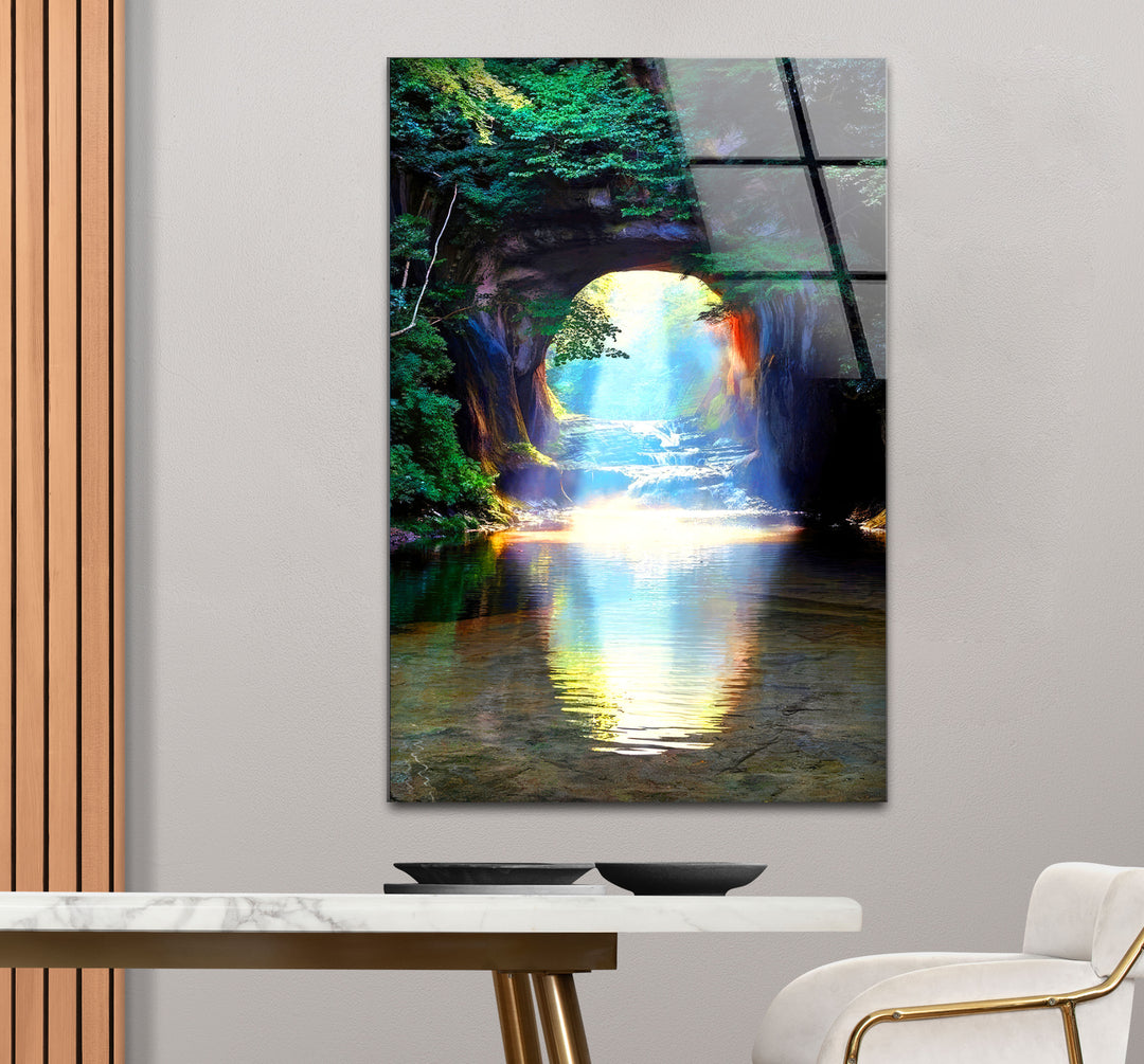 Waldlichttunnel-Wandkunst – Sonnenstrahlreflexions-Glasdruckdesign