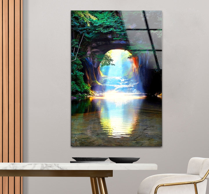 Waldlichttunnel-Wandkunst – Sonnenstrahlreflexions-Glasdruckdesign