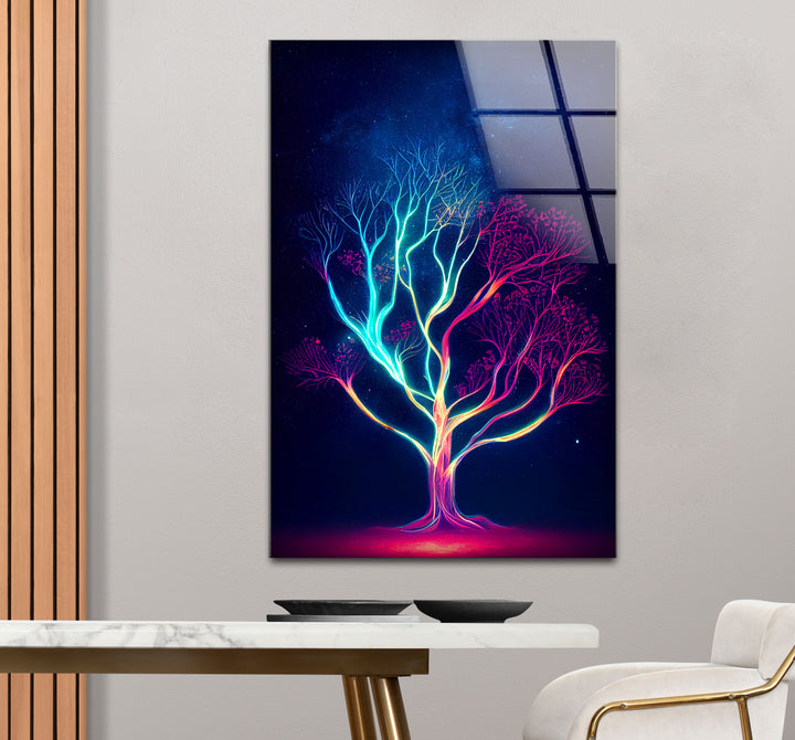 Neonbaum-Wandkunst – Kosmisches Nachtbaum-Glasdruckdesign