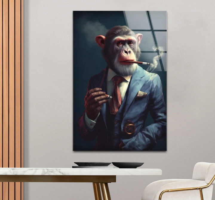 Smoking Monkey Wall Art – Funny Dressed-Up Chimp in Suit Glass Print for Bold Modern Decor - MyPhotoStation