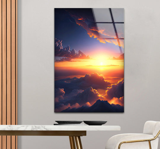 Glass wall art of a golden sunset sky above fiery clouds, showcasing a dreamy sky glow.