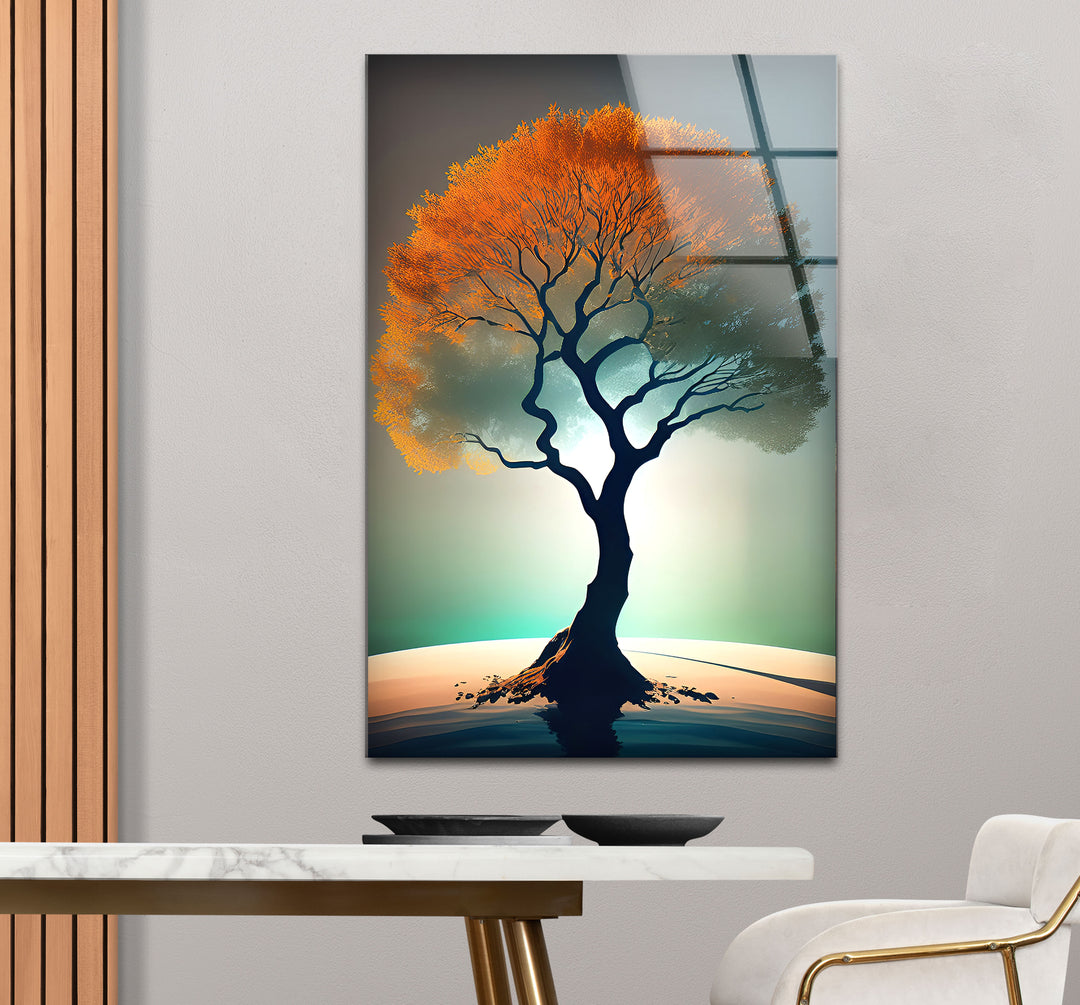 Minimalistische Wandkunst mit Lebensbaum – Orangefarbenes Kronenglas-Druckdesign