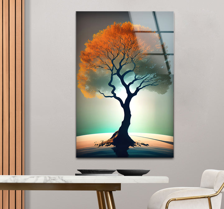 Minimalistische Wandkunst mit Lebensbaum – Orangefarbenes Kronenglas-Druckdesign