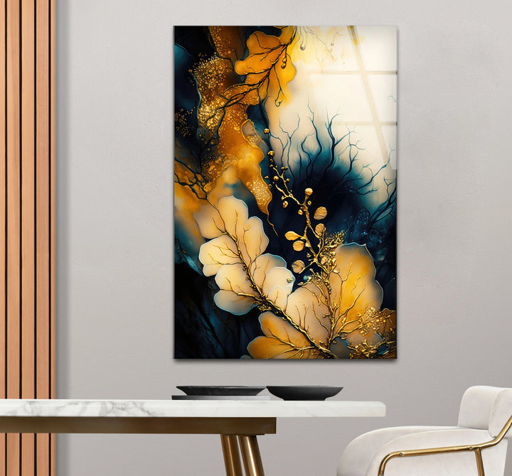 Golden Botanical Abstract Wall Art – Elegant Navy and Gold Glass Print for Luxe Interiors - MyPhotoStation