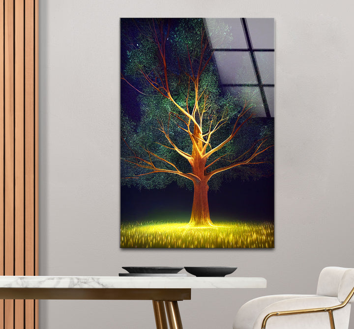 Leuchtende Baum-Wandkunst – Beleuchtetes Nachtwald-Glasdruckdesign