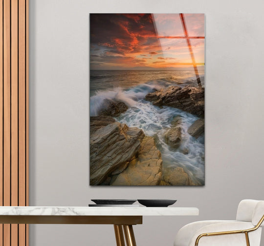 Rocky Coast Sunset Wall Art – Dramatic Ocean Wave Glass Print Design - MyPhotoStation