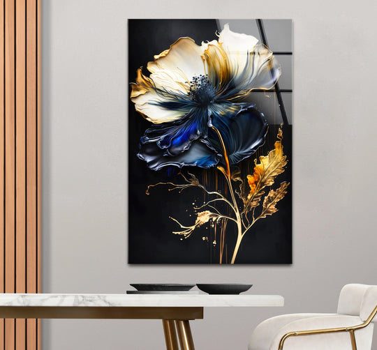 Blue and Gold Floral Wall Art – Elegant Dark Botanical Glass Print for Modern Luxury Decor - MyPhotoStation