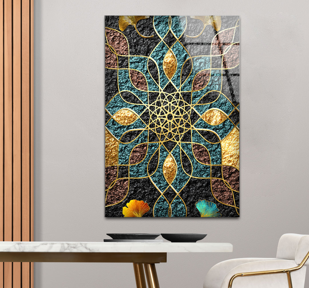 Goldene Mandala-Wandkunst – Geometrisches blaugrünes und schwarzes Muster-Glasdruckdesign