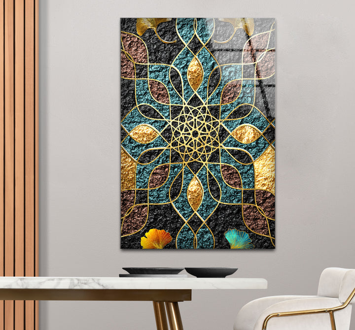Goldene Mandala-Wandkunst – Geometrisches blaugrünes und schwarzes Muster-Glasdruckdesign