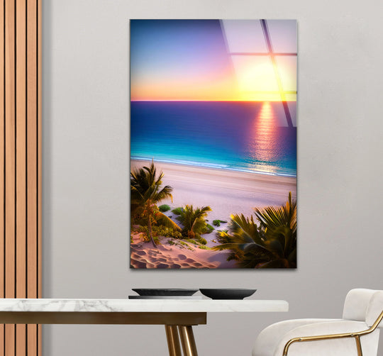 Glass wall art featuring a vibrant tropical beach sunset horizon with a glossy edge and a sand dune border.