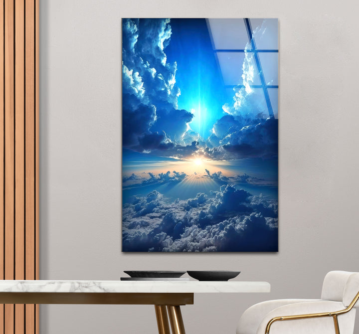 Himmlischer Himmel Wandkunst – Strahlende Wolken und Lichtstrahl Glasdruck