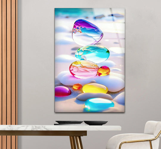 Glass wall art showing stacked colorful zen pebbles transitioning from deep violet to bright aqua.