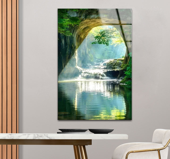 Wald-Wasserfall-Bogen-Wandkunst – Ruhige Naturszene Glasdruck