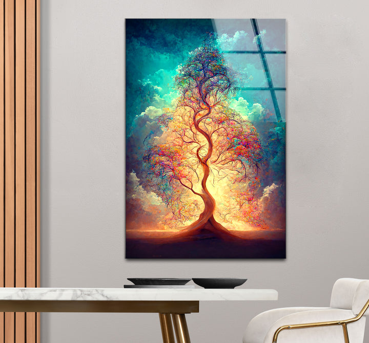 Strahlender Lebensbaum Wandkunst – Ätherisches Licht Fantasy Glasdruck