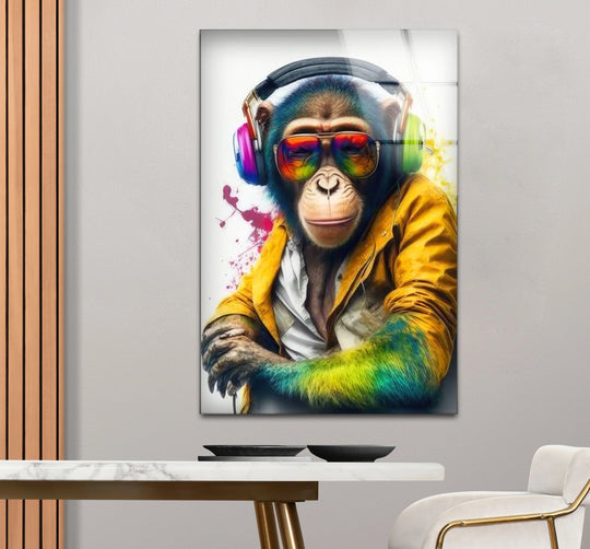 Cool DJ Monkey Wall Art – Colorful Headphones Glass Print for Modern Pop Decor - MyPhotoStation