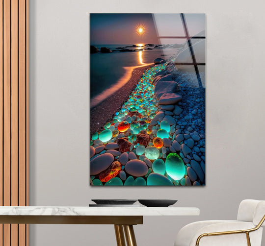 Glowing Pebble Beach Wall Art – Sunset Glass Print with Luminous Stones for Coastal Decor - MyPhotoStation