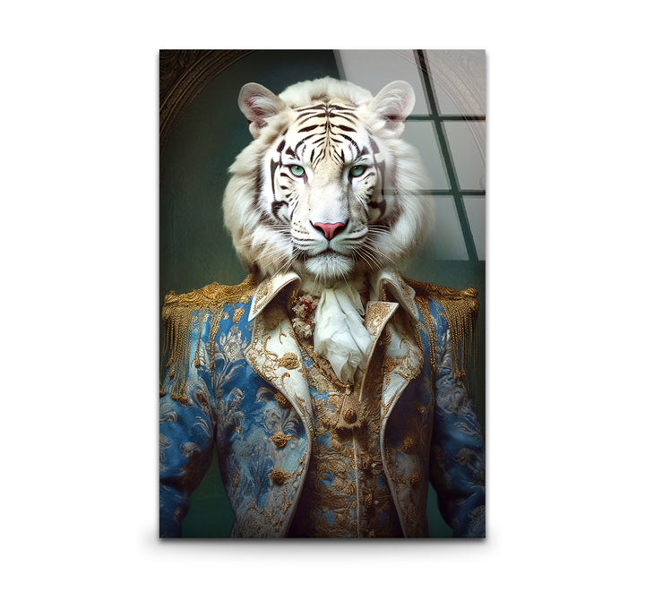 Königliches weißes Tigerporträt als Wandkunst – Kunstwerk im königlichen Tierkostüm