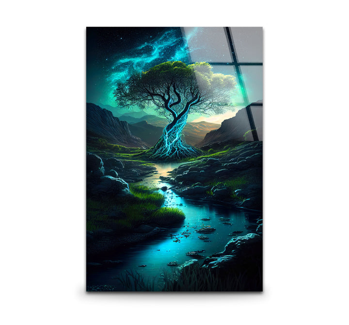 Mystisch leuchtender Baum als Wandkunst – Verzauberter Nachtstrom als Glasdruck