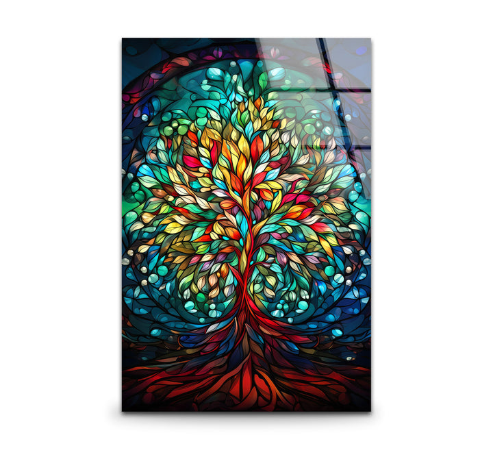 Baum des Lebens Buntglas-Wandkunst – Farbenfrohes vertikales Glasdruckdesign