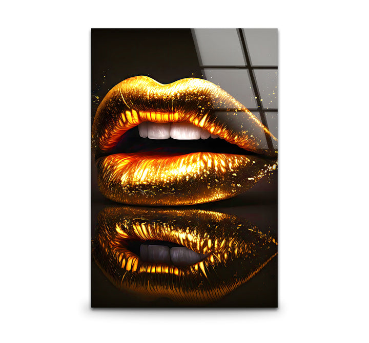 Goldene Lippen Wandkunst – Glamouröses funkelndes Mund-Glasdruck-Design