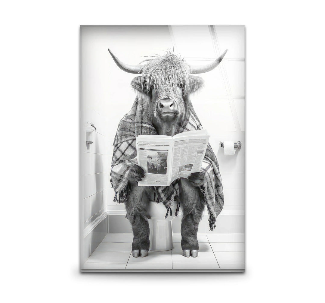 Plaid Highland Cow Bathroom Wall Art – Funny Black and White Glass Print for Rustic Decor - MyPhotoStation