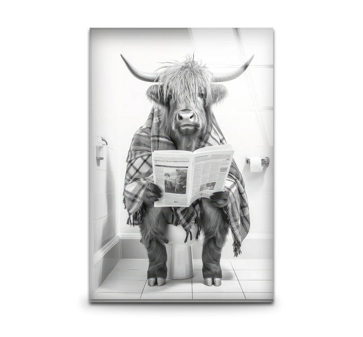 Plaid Highland Cow Bathroom Wall Art – Funny Black and White Glass Print for Rustic Decor - MyPhotoStation