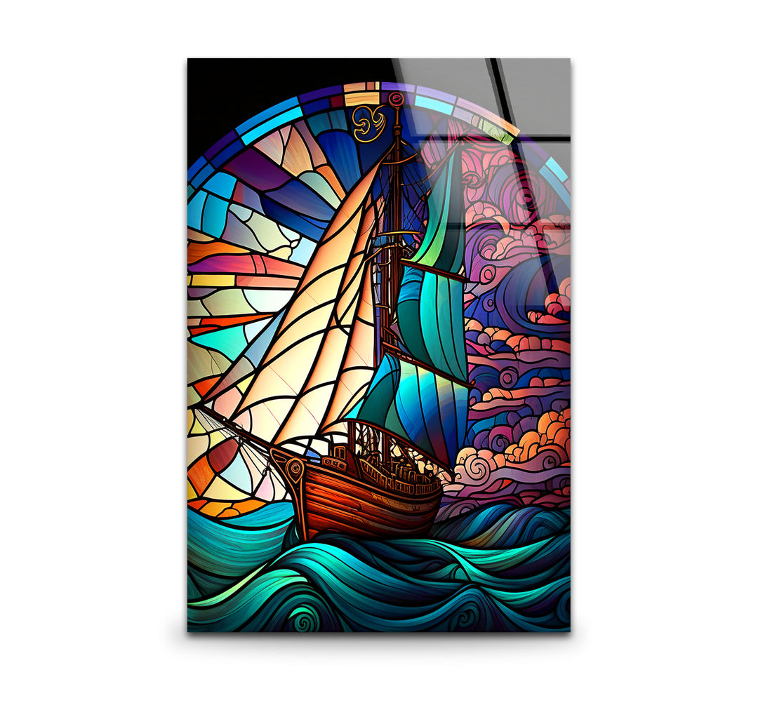 Segelschiff Buntglas Wandkunst – Maritimer Ozeanwellen-Glasdruck