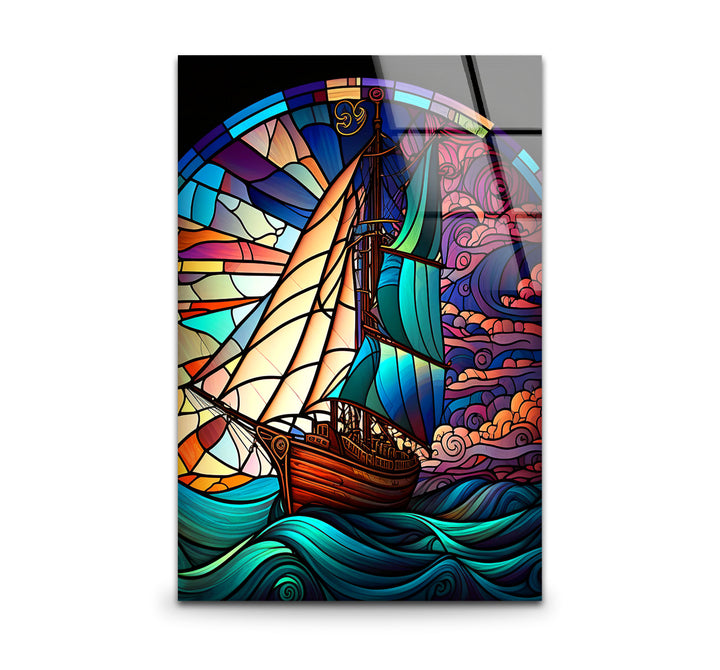 Segelschiff Buntglas Wandkunst – Maritimer Ozeanwellen-Glasdruck