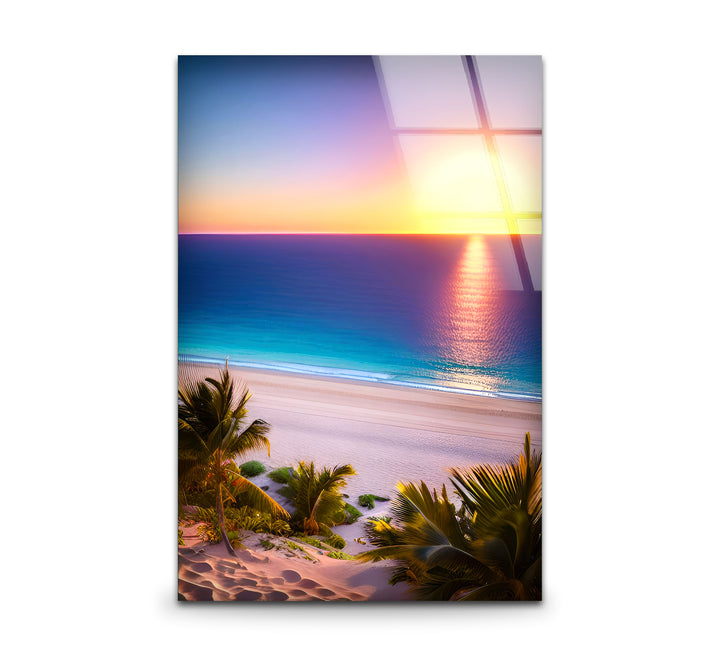 Tropischer Strand Sonnenuntergang Wandkunst – Lebendiger Ozeanhorizont Glasdruck