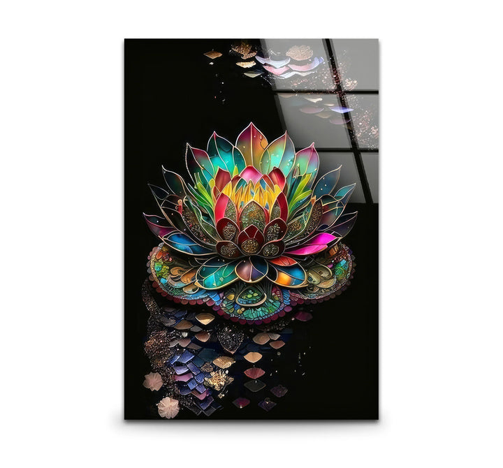 Radiant Lotus Flower Wall Art – Colorful Mandala Glass Print for Spiritual and Zen Decor - MyPhotoStation