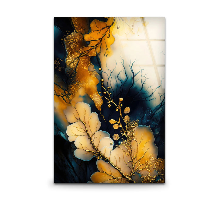 Golden Botanical Abstract Wall Art – Elegant Navy and Gold Glass Print for Luxe Interiors - MyPhotoStation