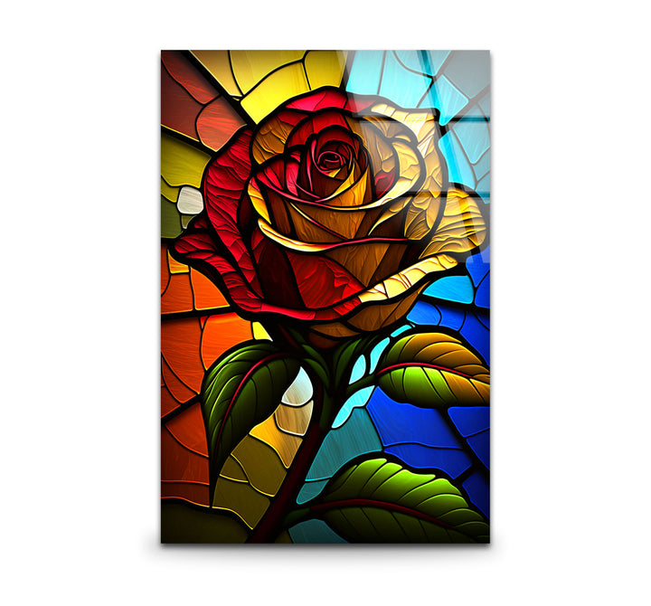 Rote Rose Buntglas-Wandkunst – Farbenfrohes florales Glasdruck-Design