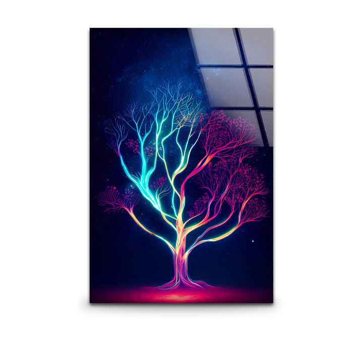 Neonbaum-Wandkunst – Kosmisches Nachtbaum-Glasdruckdesign