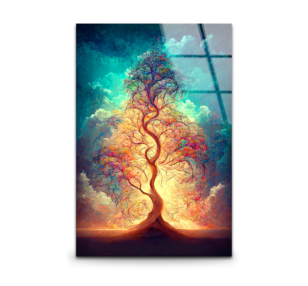 Strahlender Lebensbaum Wandkunst – Ätherisches Licht Fantasy Glasdruck