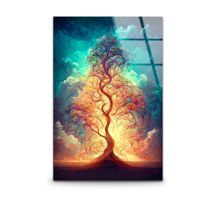 Strahlender Lebensbaum Wandkunst – Ätherisches Licht Fantasy Glasdruck