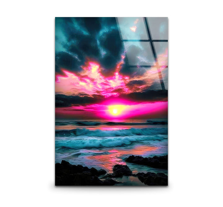 Lebendige Sonnenuntergang Ozean Wandkunst – Rosa Himmel &amp; Wellen Glasdruck-Design